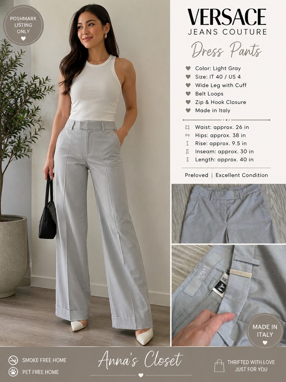 Versace Jeans Collection Light Gray Wide Leg Dress Pants with Cuff